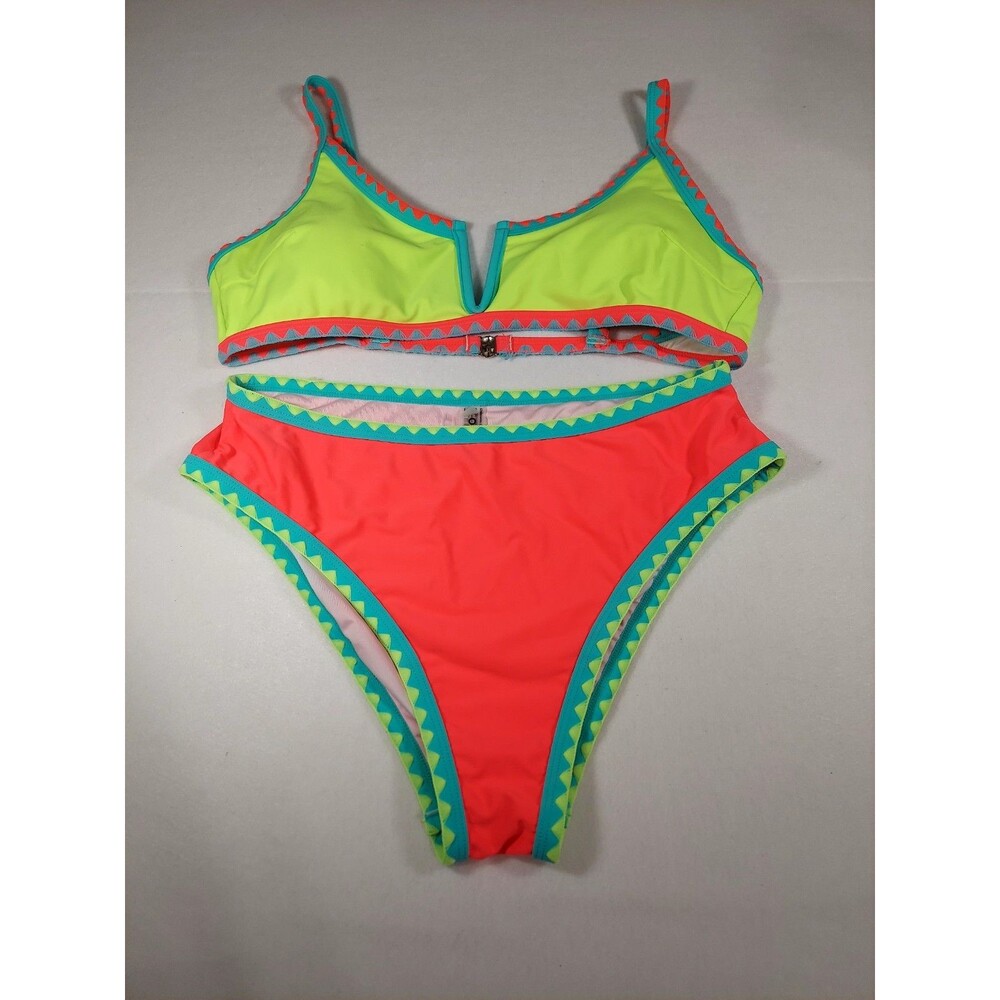 Popvil Women's Neon Color Block Crochet Edge V-Wire Bikini Set Size XLarge